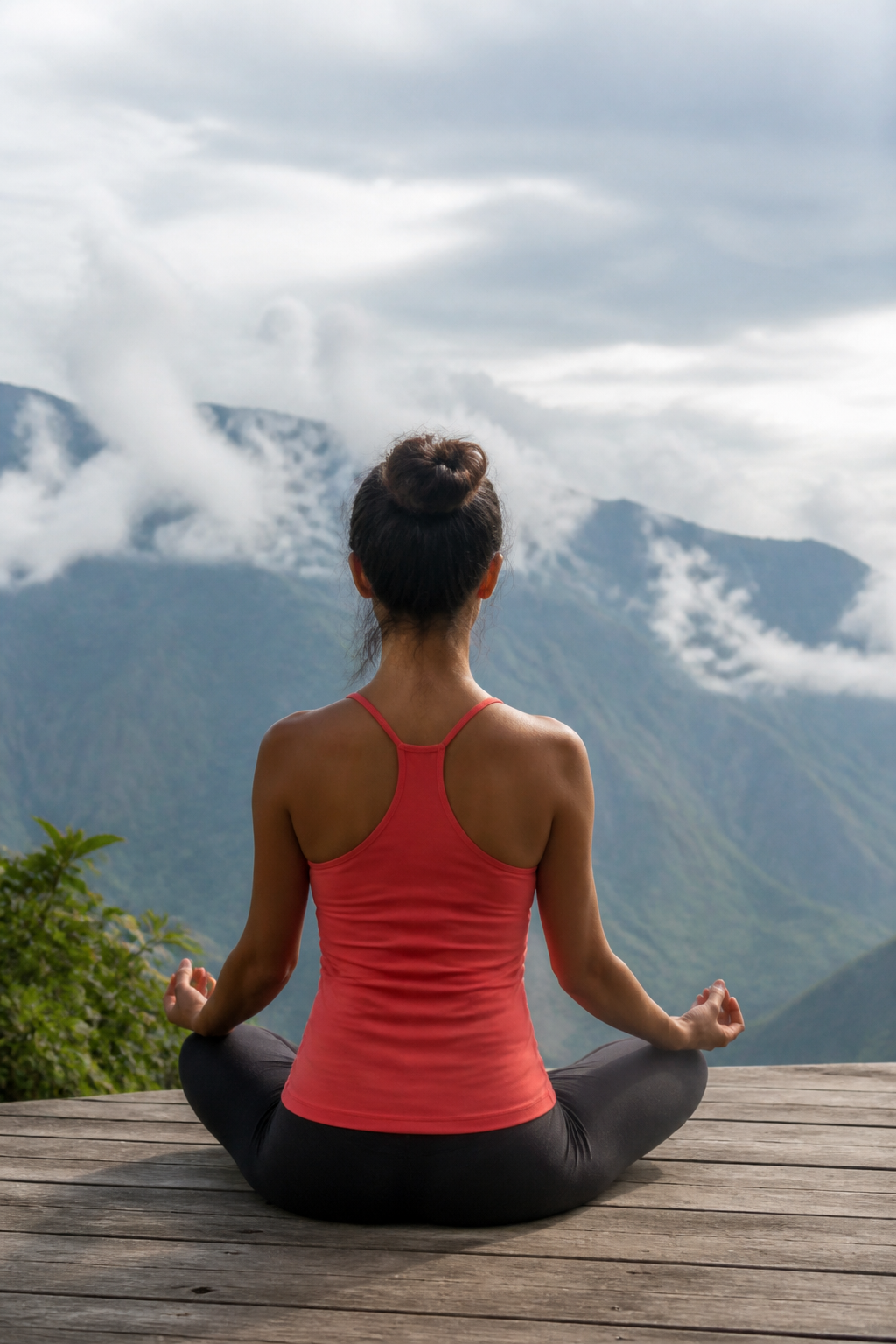 Meditation overlooking mountains
